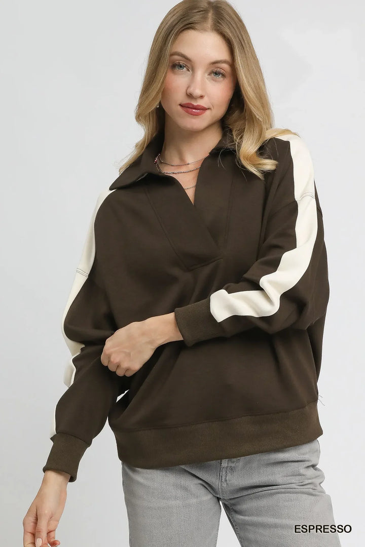 Umgee Color Block Polo Sweatshirt