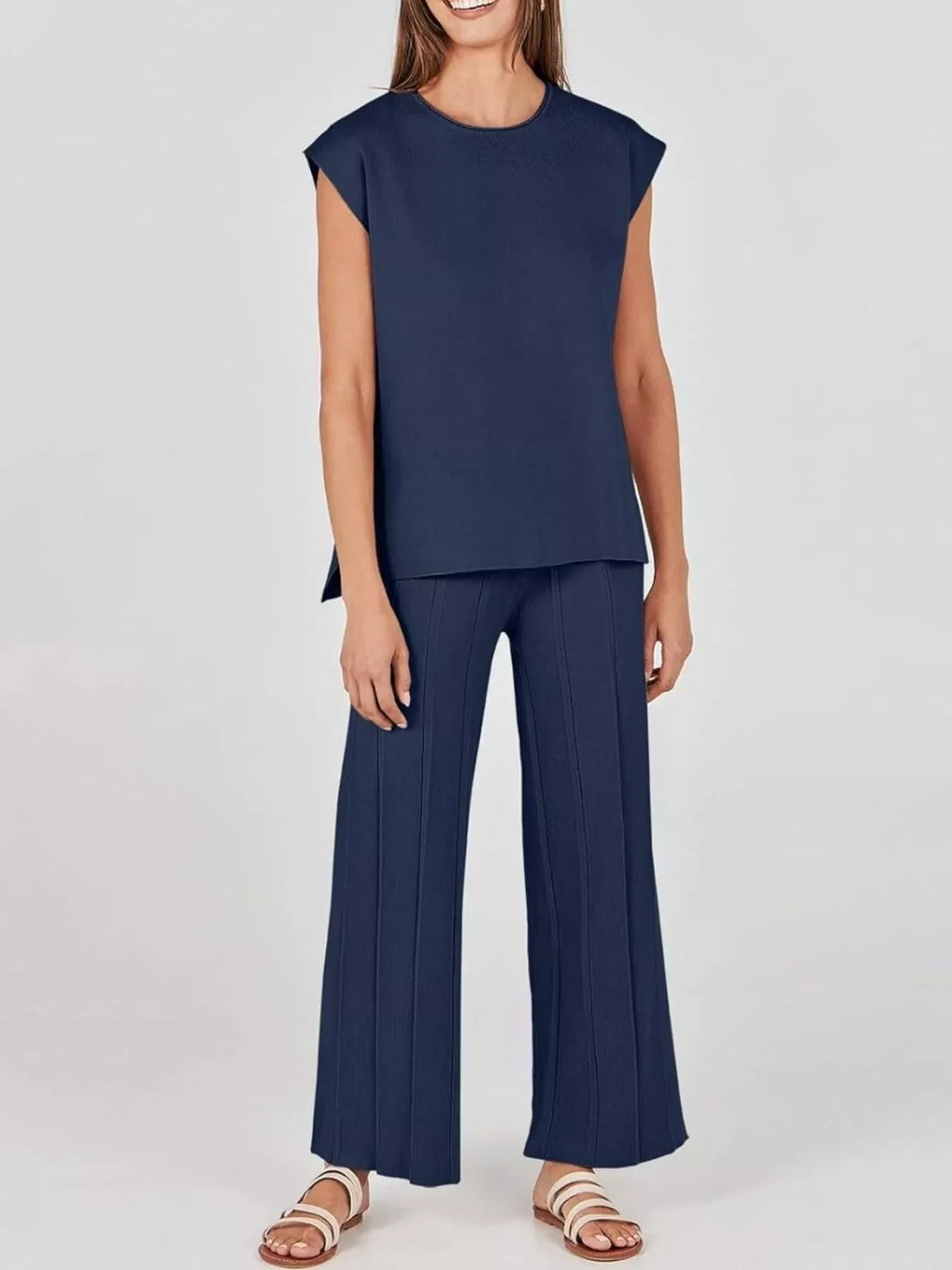 Casual Solid Color Cap Sleeve Top and Pants Knit Set