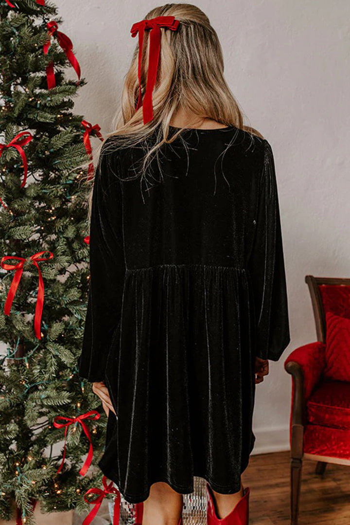 Black Front Tie Velvet Bubble Sleeve Mini Dress