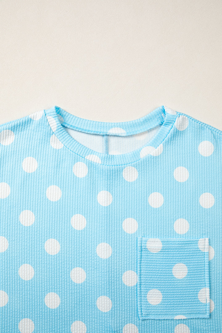 Sky Blue Polka Dot Round Neck Drop Shoulder Patch Pocket Jacquard Texture Top