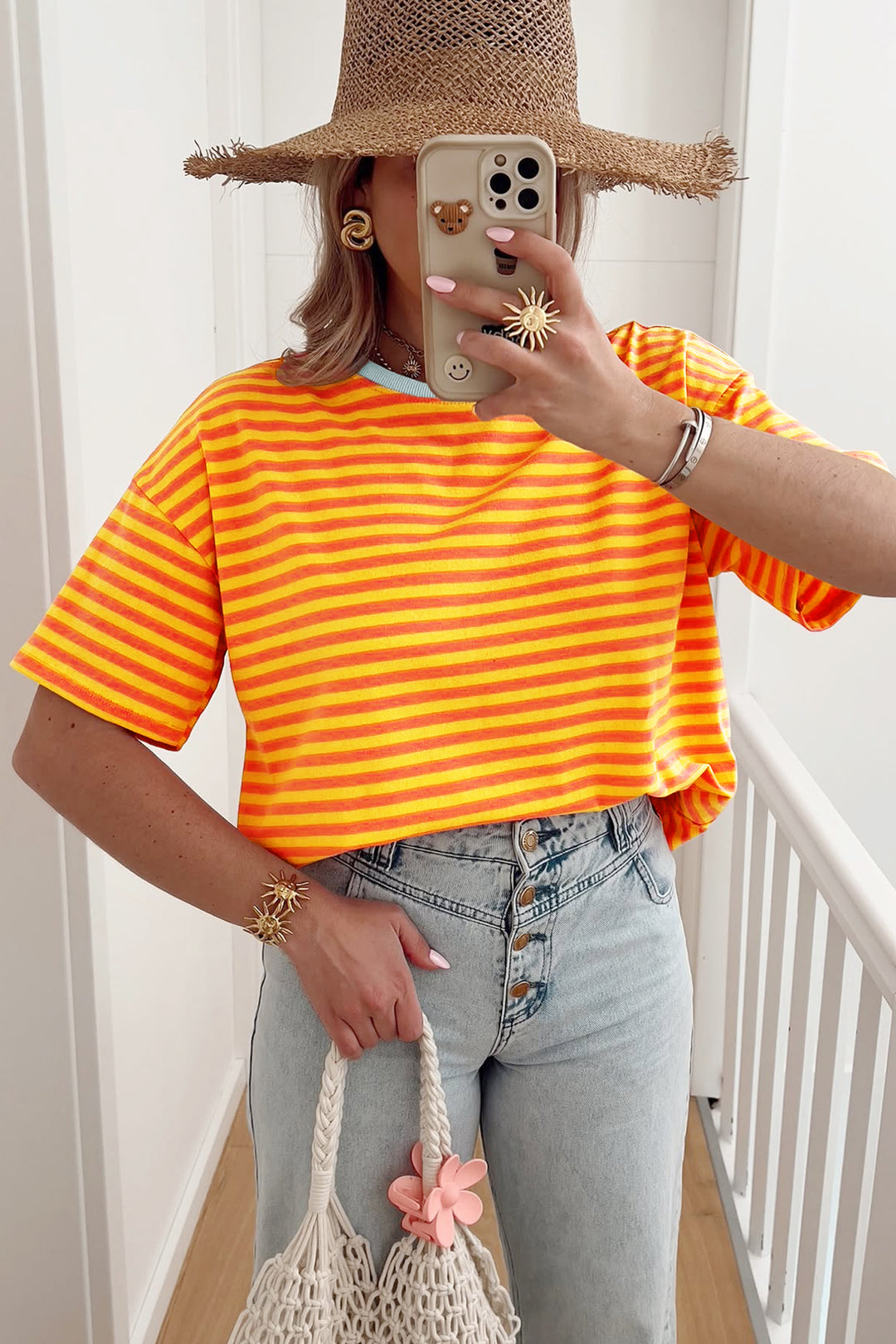 Orange Stripe Contrast Crew Neck Drop Shoulder Loose Tee