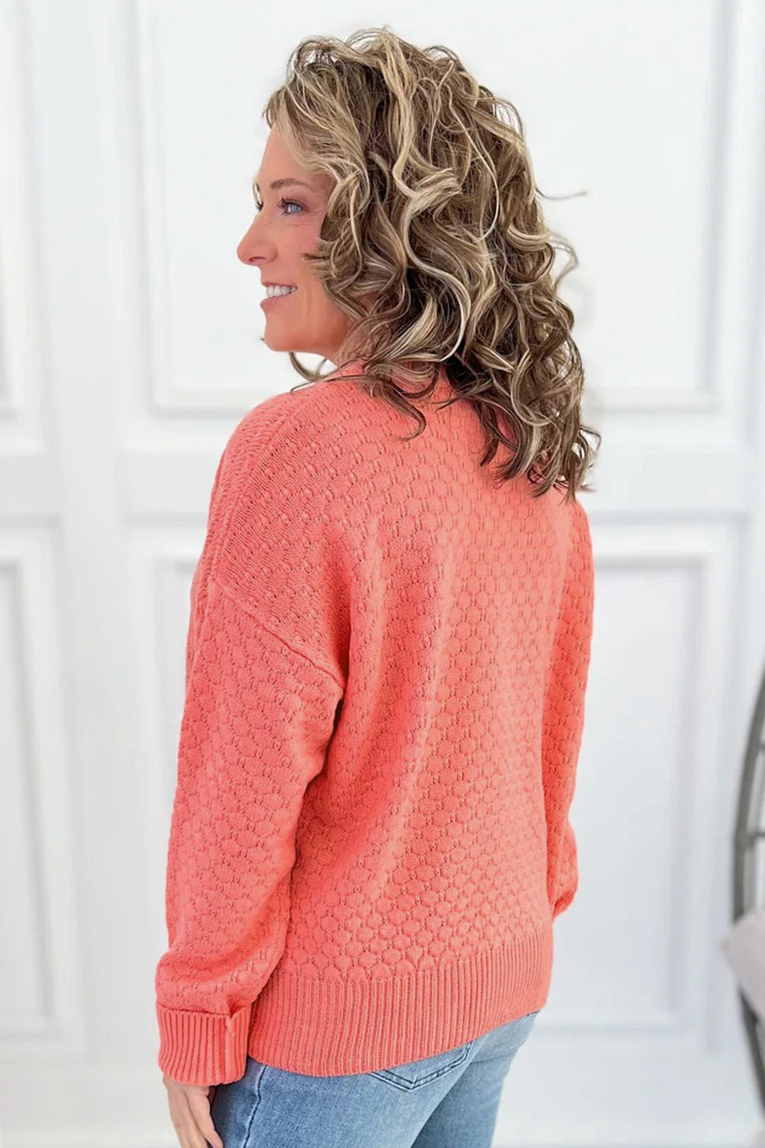 Coral Paradise Drop Shoulder Ribbed Knit Sweater Regular Length Long Sleeve Pullover