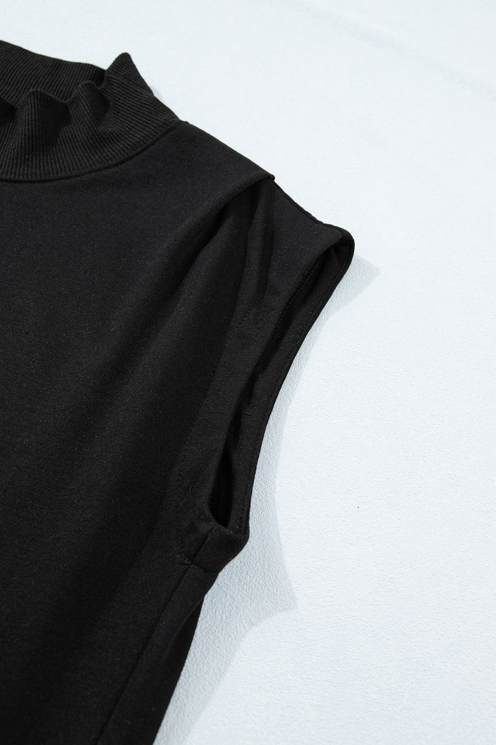 Black Solid Color High Neck Cap Sleeve Loose Top