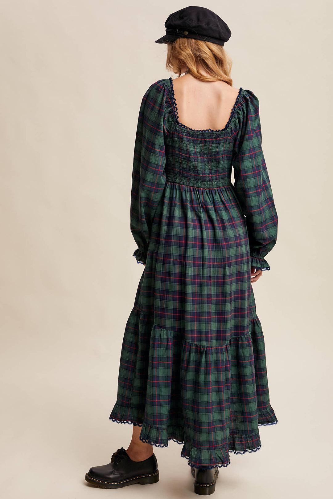 Green Vintage Plaid Square Neck Lace Trim Long Sleeve Shift Dress