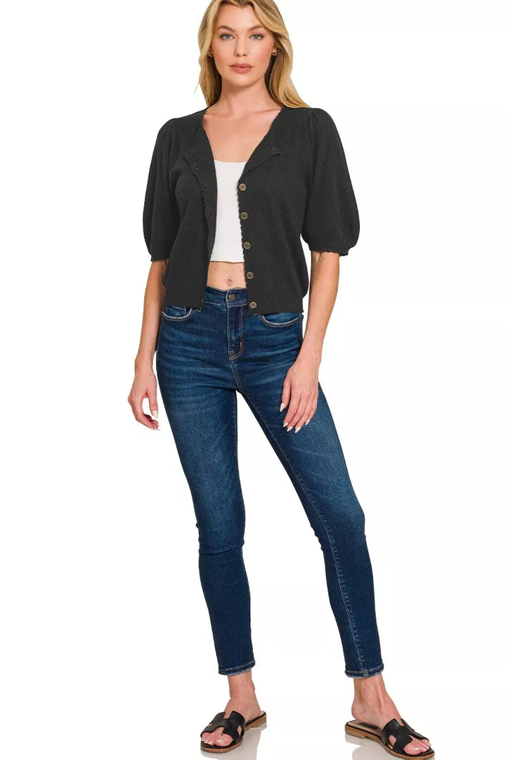 Zenana Puff Sleeve Wool Sweater Cardigan