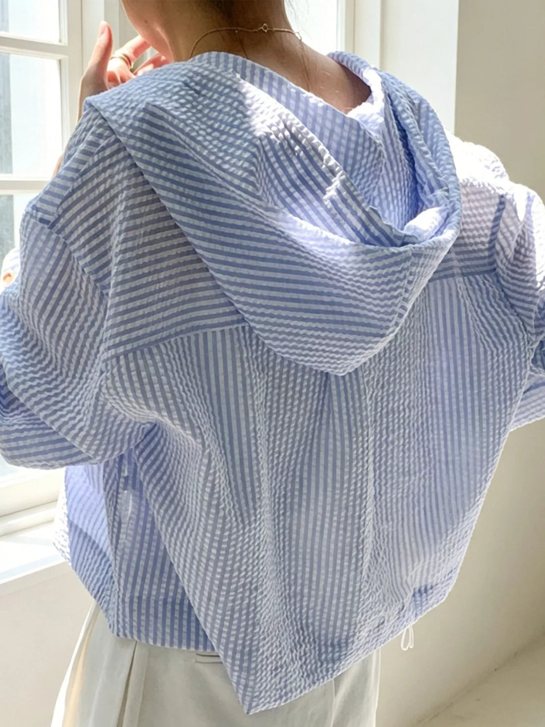 Striped Hooded Shirt with Drawstring Detail