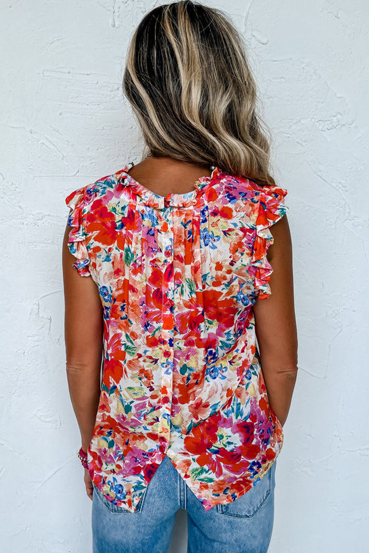 Débardeur rouge plissé à col volanté et motif floral bohème