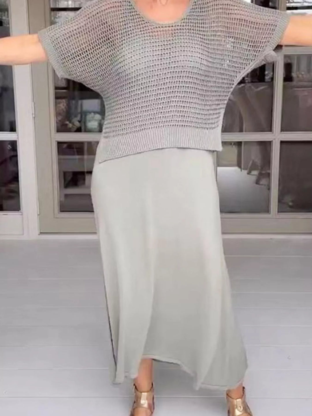 Full Size Openwork Knit Cover Up and Dress Set Plus Size