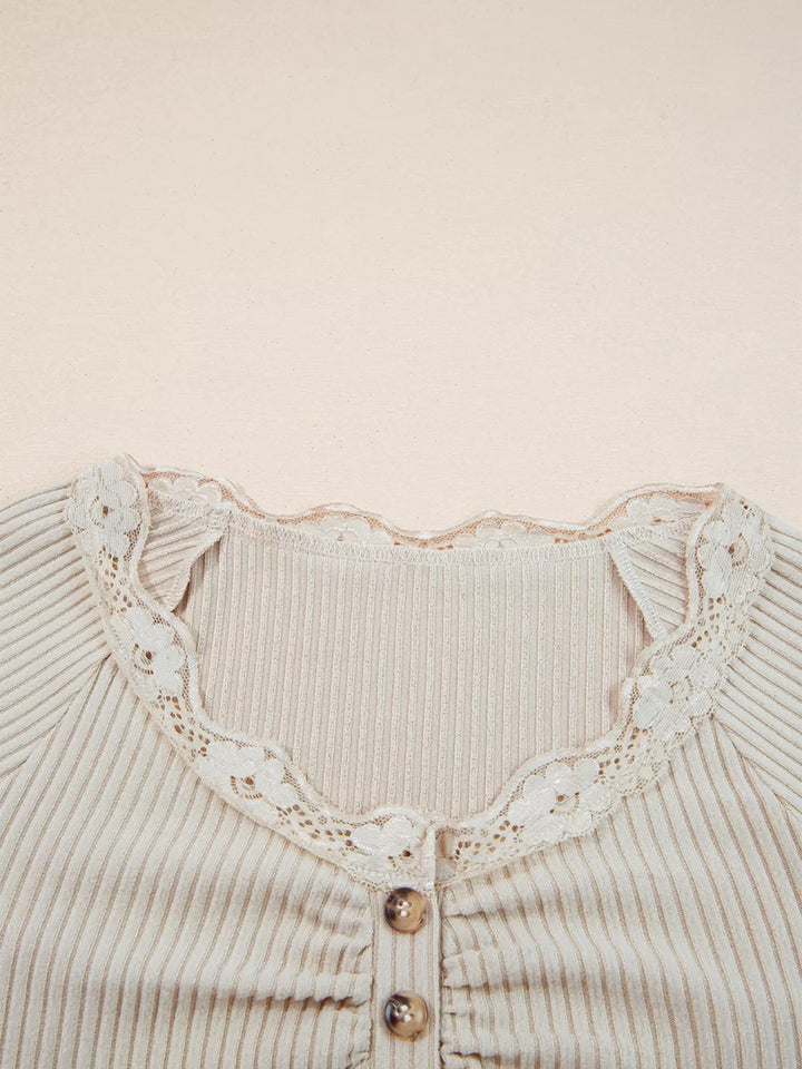 Lace Neckline Button Decor Lettuce Edge Long Sleeve Ribbed Top