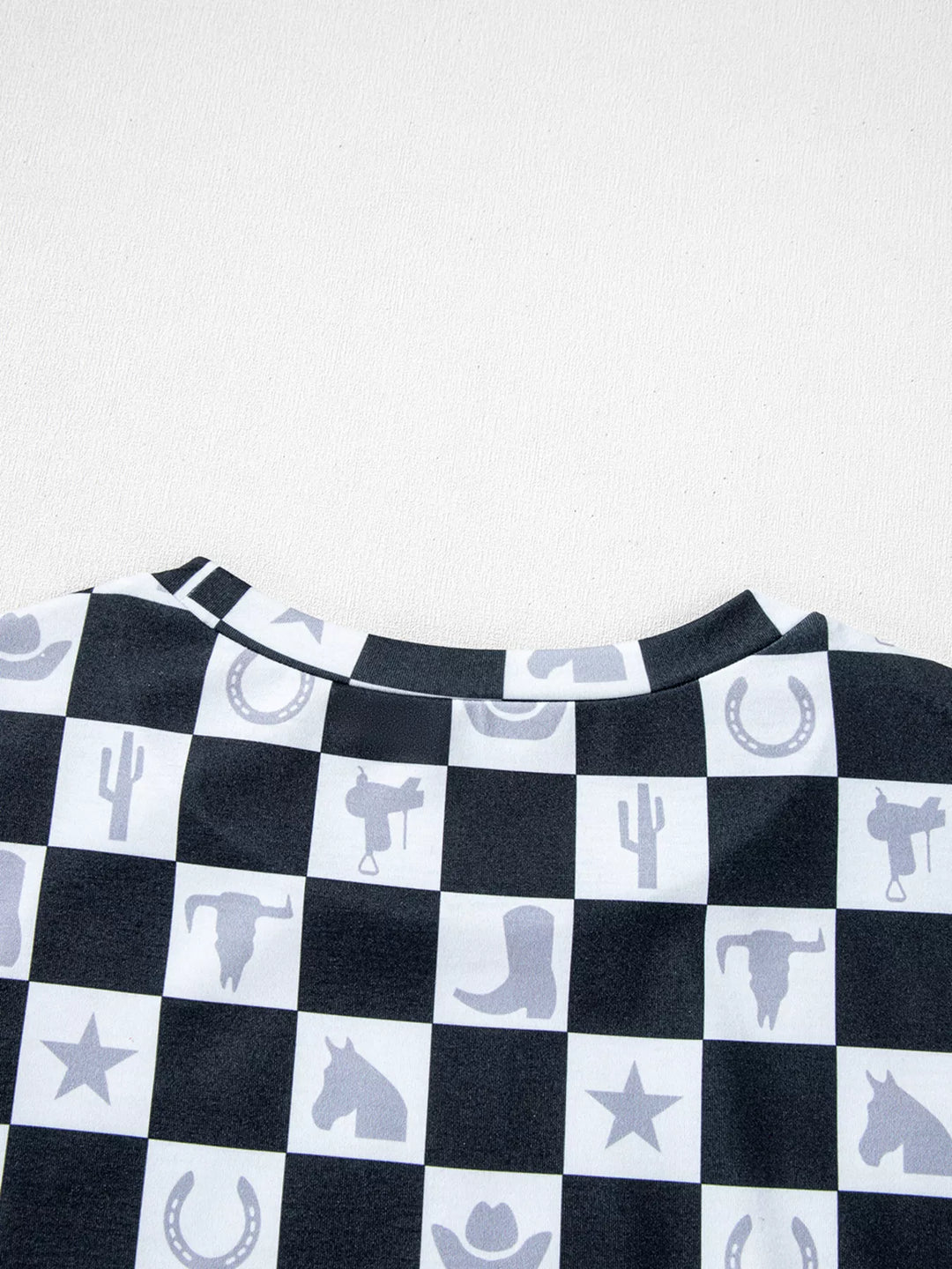 Western Checkerboard Print Side Split T Shirt
