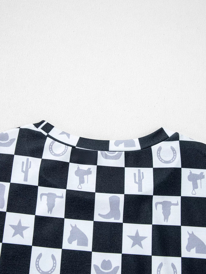 Western Checkerboard Print Side Split T Shirt