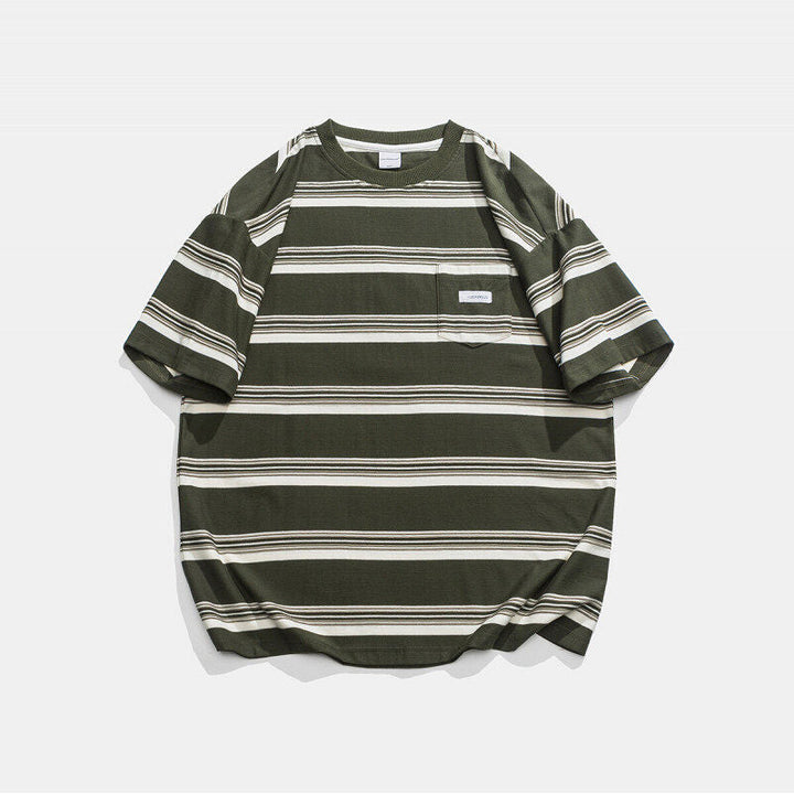 Casual Loose Striped Pocket Round Neck T-shirt