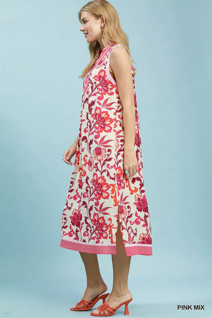 Umgee Floral Scroll Sleeveless Midi Dress