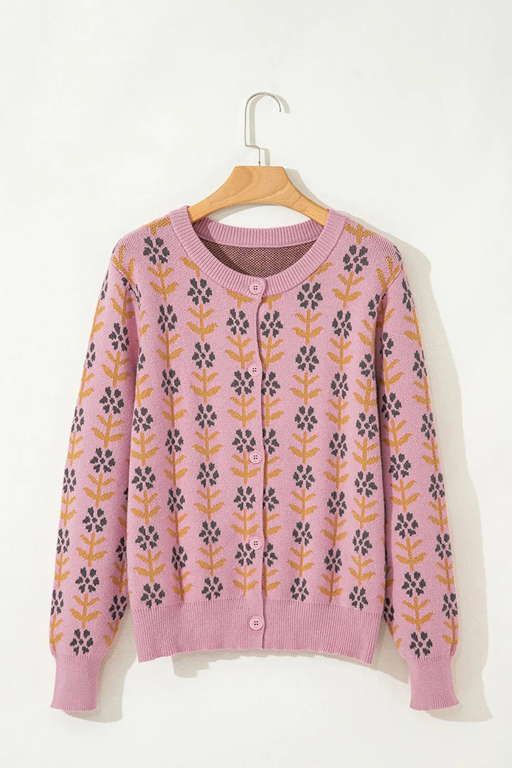 Floral Button-Up Knit Cardigan