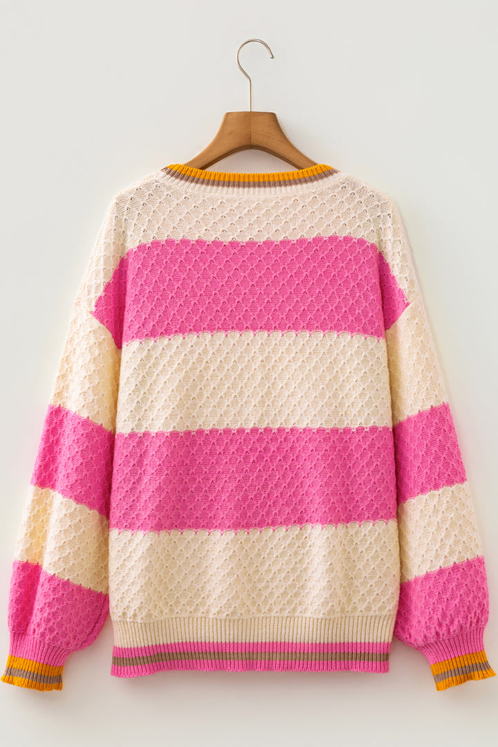 Pink Stripe Striped Colorblock Texture Drop Shoulder Sweater