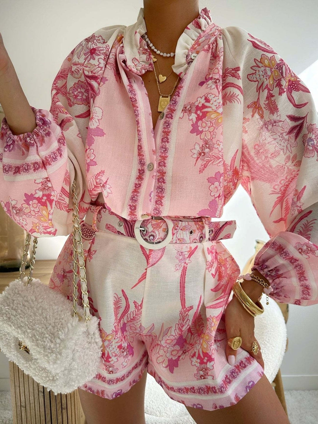 Floral Print Button Up Shirt and Shorts Set