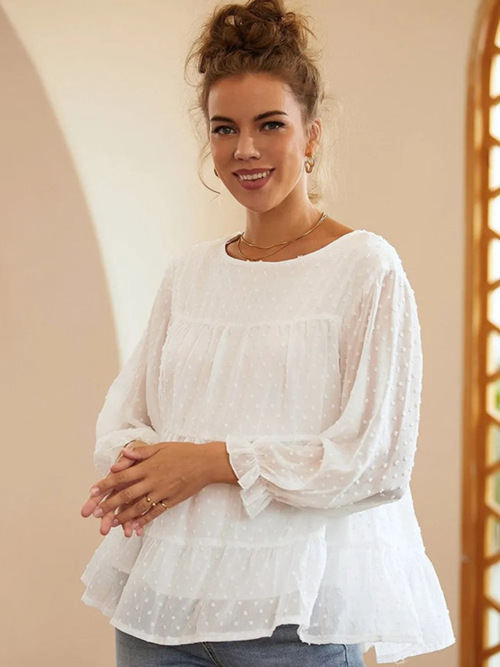 Swiss Dot Ruffled Round Neck Long Sleeve Blouse