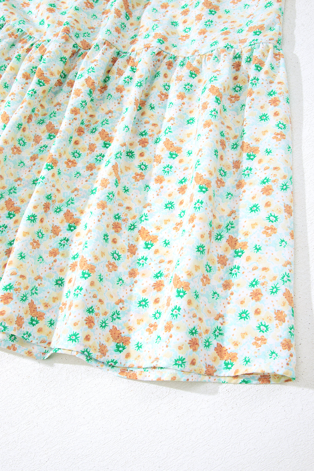 Green Floral Short Bubble Sleeve Shirred High Waist Maxi Dress