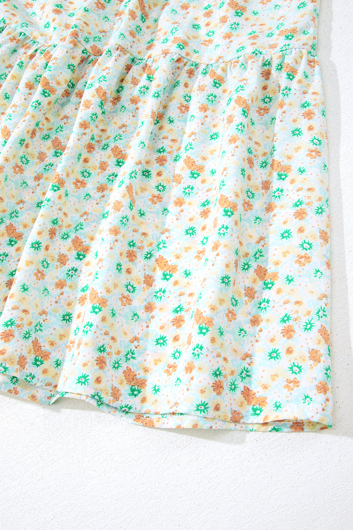 Green Floral Short Bubble Sleeve Shirred High Waist Maxi Dress