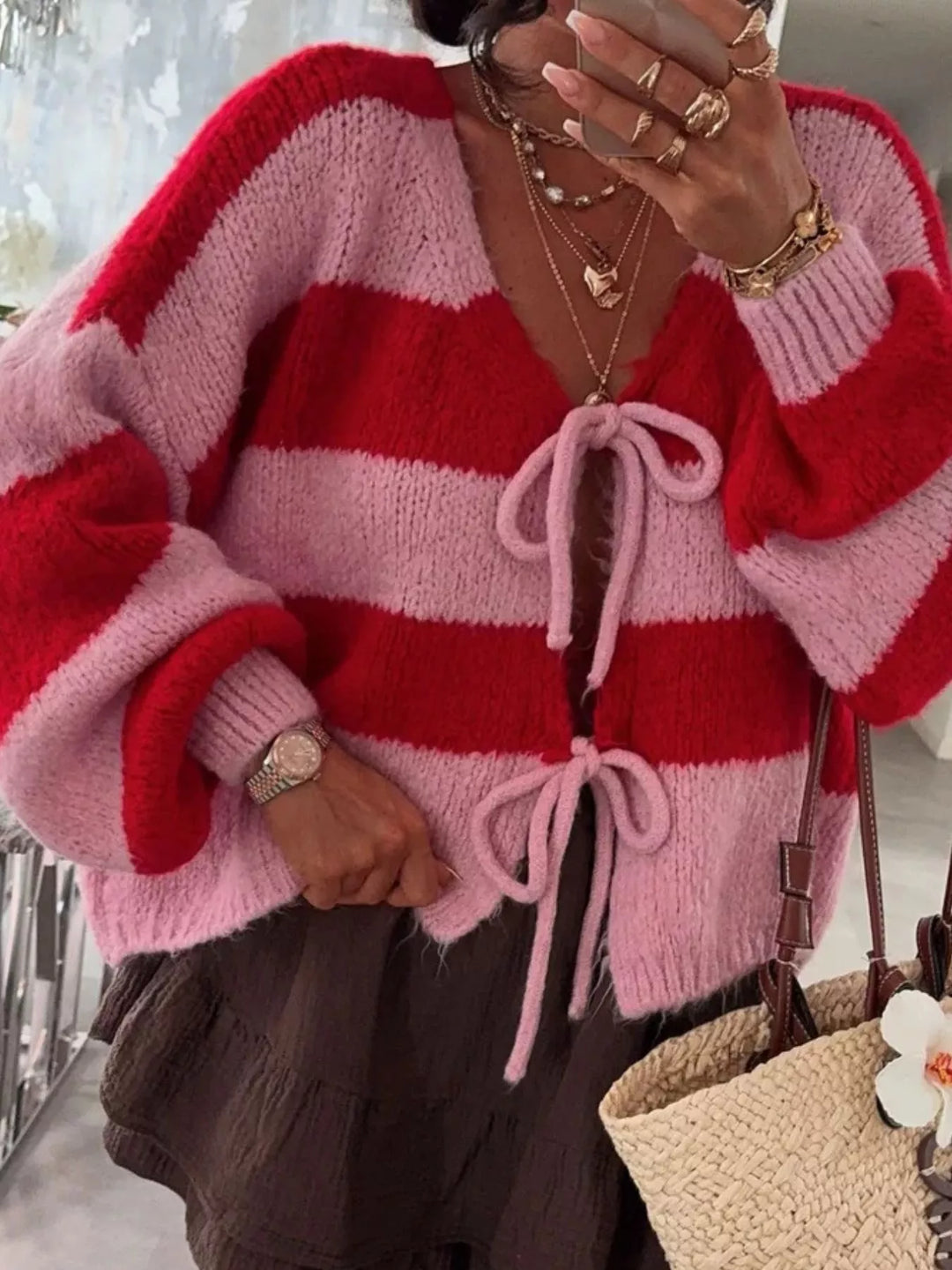 Striped Tie-Front Knit Cardigan