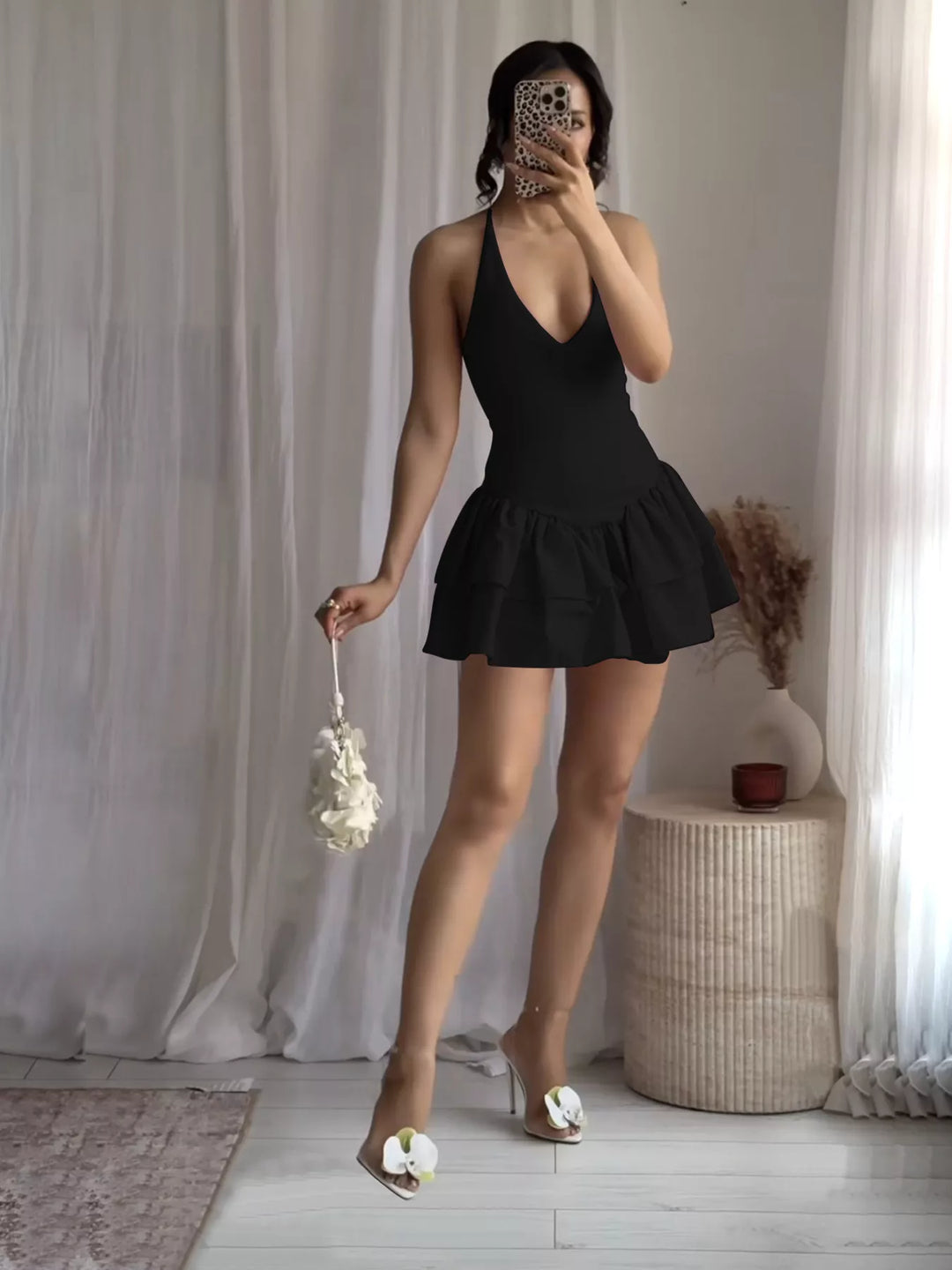 Crisscross Layered Ruffle Hem Mini Dress