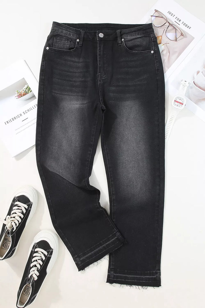 High-Waisted Distressed Hem Straight Leg Jeans