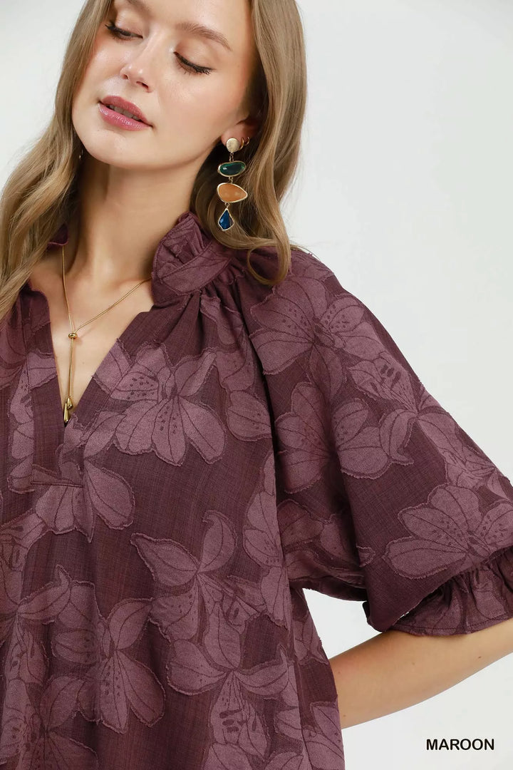 Umgee Floral Textured Jacqaurd V-Neck Dress