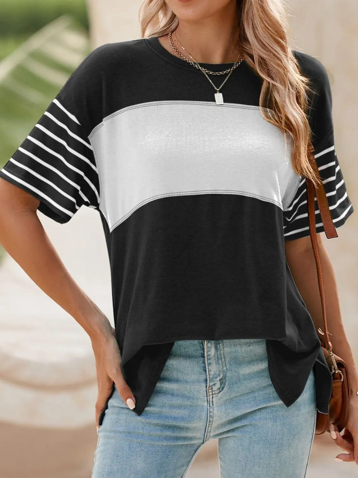 Color Block Striped Sleeve Casual T-Shirt