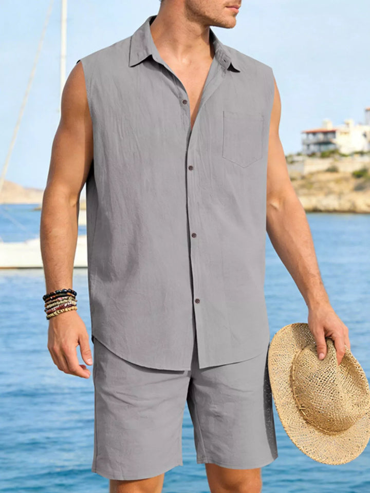 Men's Full Size Button Up Sleeveless Top and Shorts Plus Size
