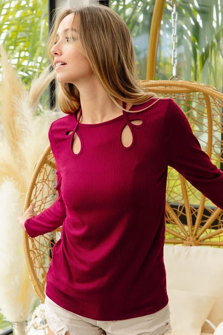BiBi Rib Knit With Cut Out and Tied Neck Detailed Top