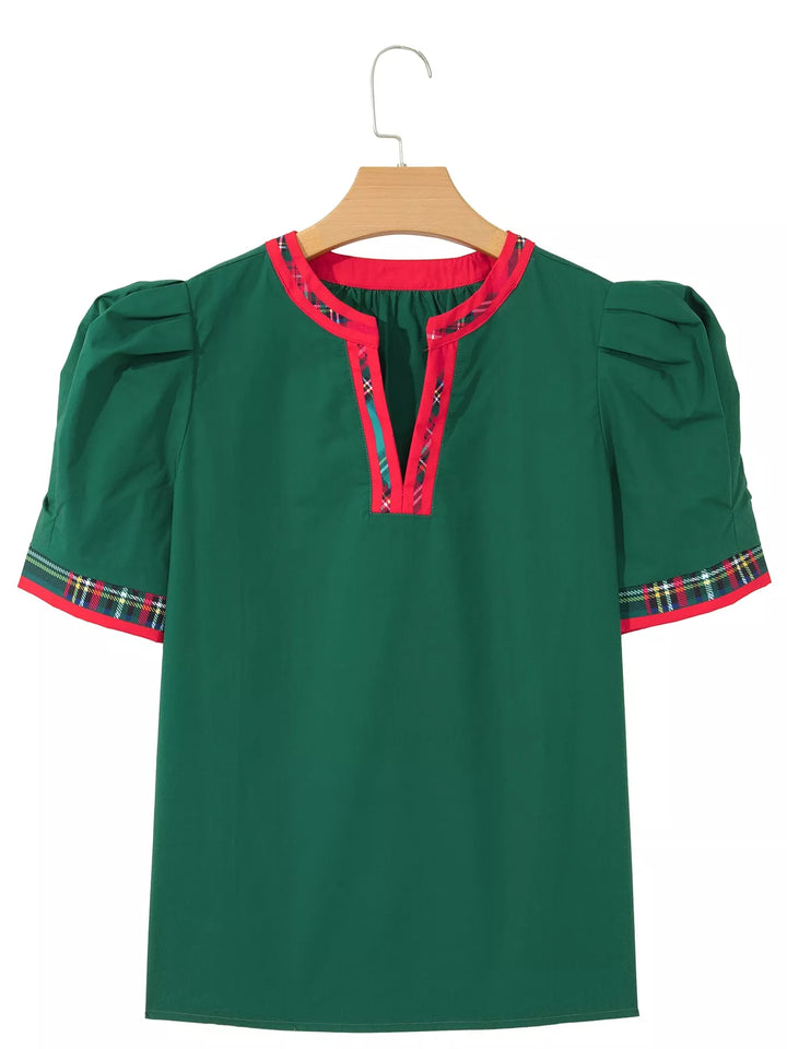 Plaid Trim V Neck Short Sleeve Shift Blouse