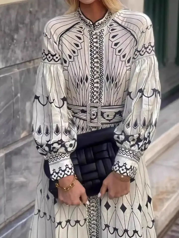 Printed Long Sleeve Shirt Dress with Belt