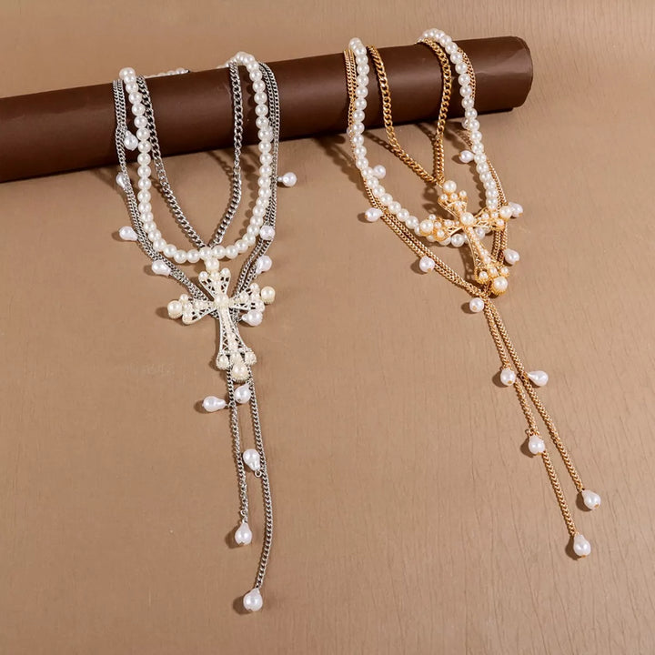 Pearl Cross Pendant Necklace 3 Piece Set