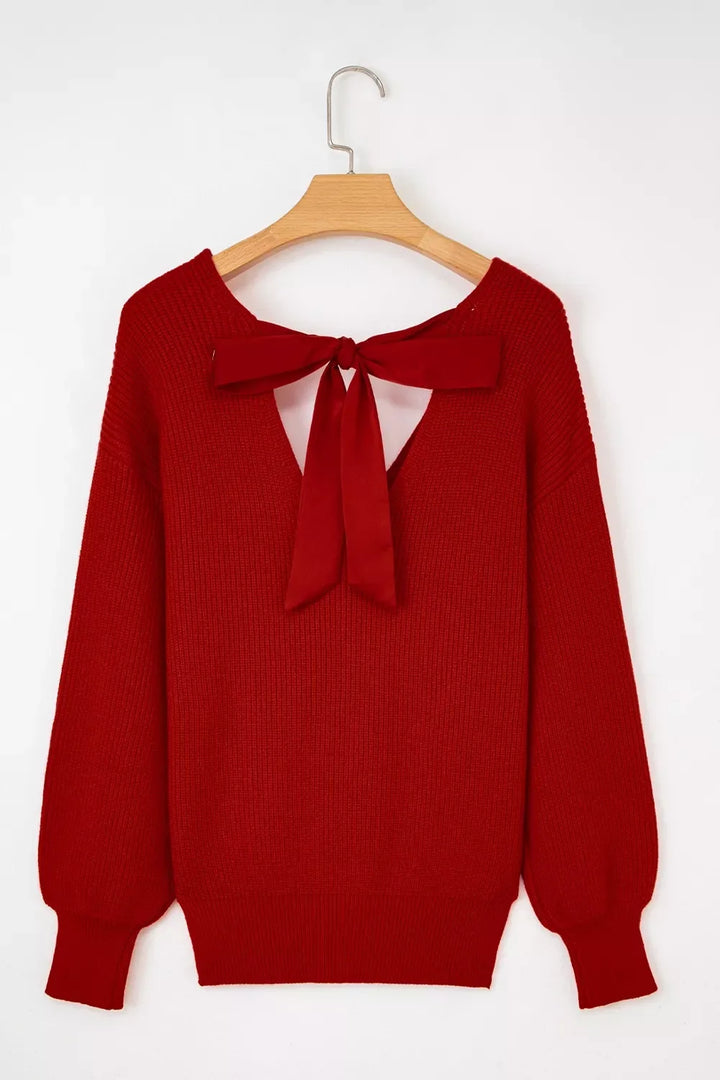 Lantern Sleeve V Neck Knot Back Sweater
