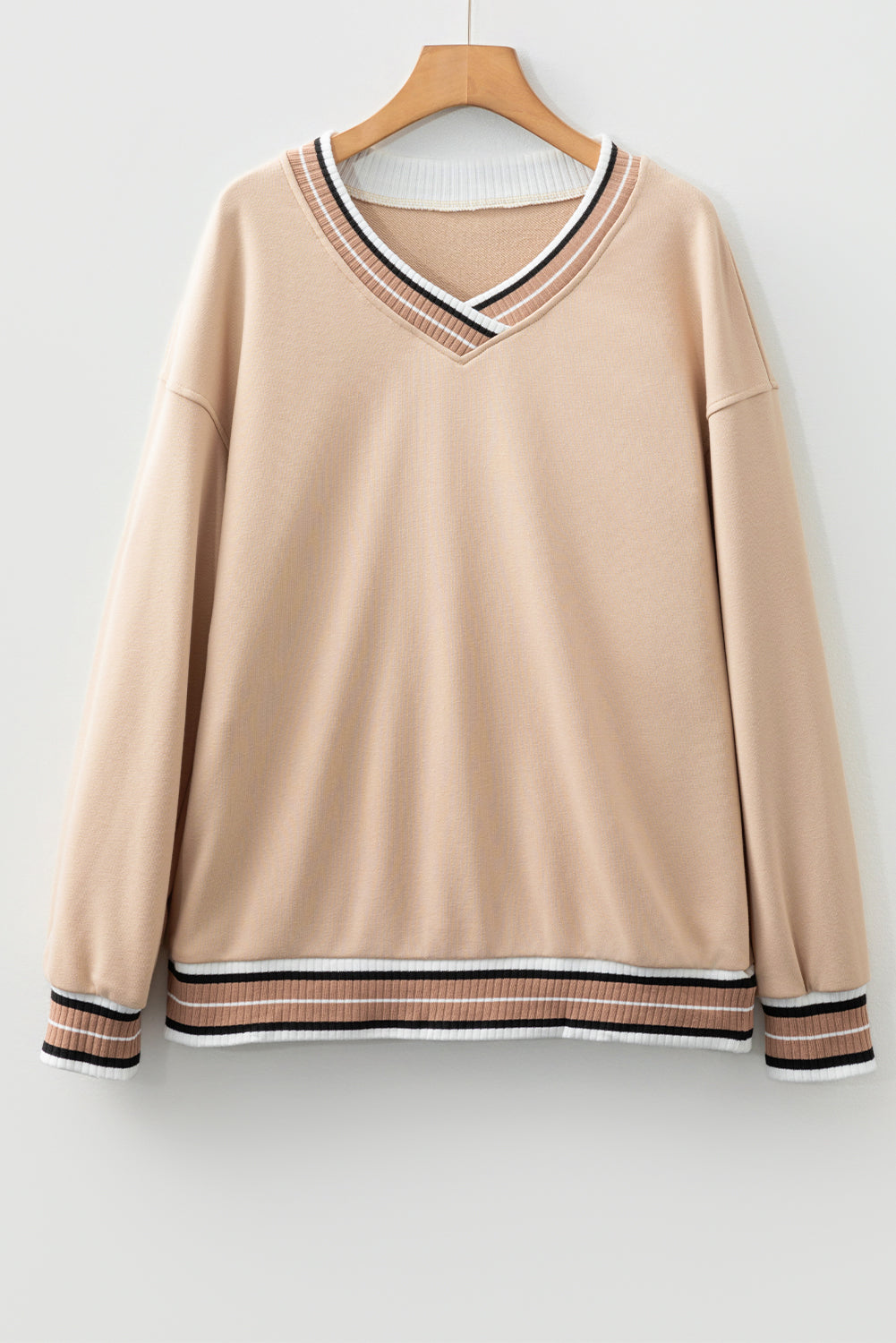 Parchment Varsity Contrast Striped Trim V Neck Sweatshirt