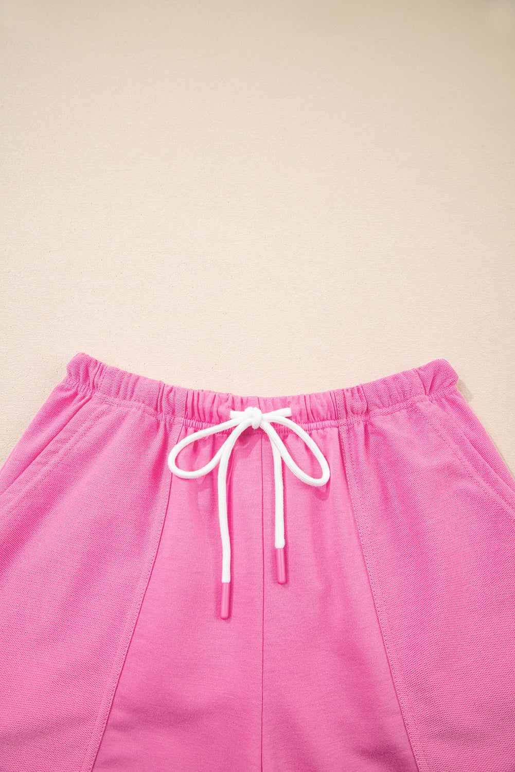 Bonbon V Neck Drop Shoulder Tee and Patchwork Drawstring Shorts Set