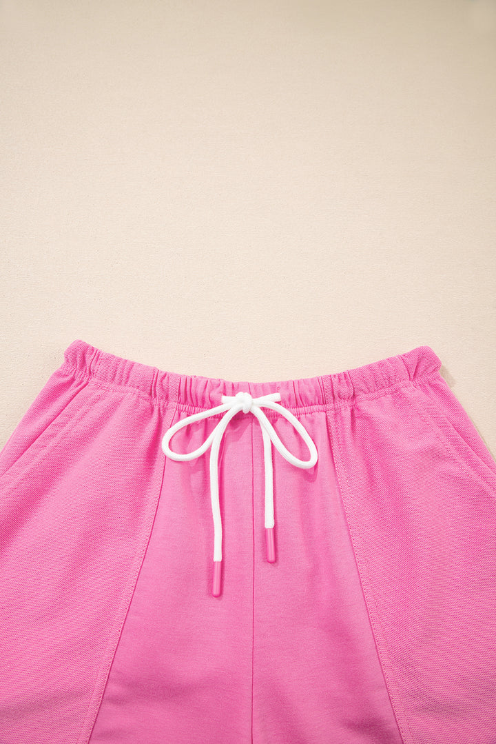 Bonbon V Neck Drop Shoulder Tee and Patchwork Drawstring Shorts Set