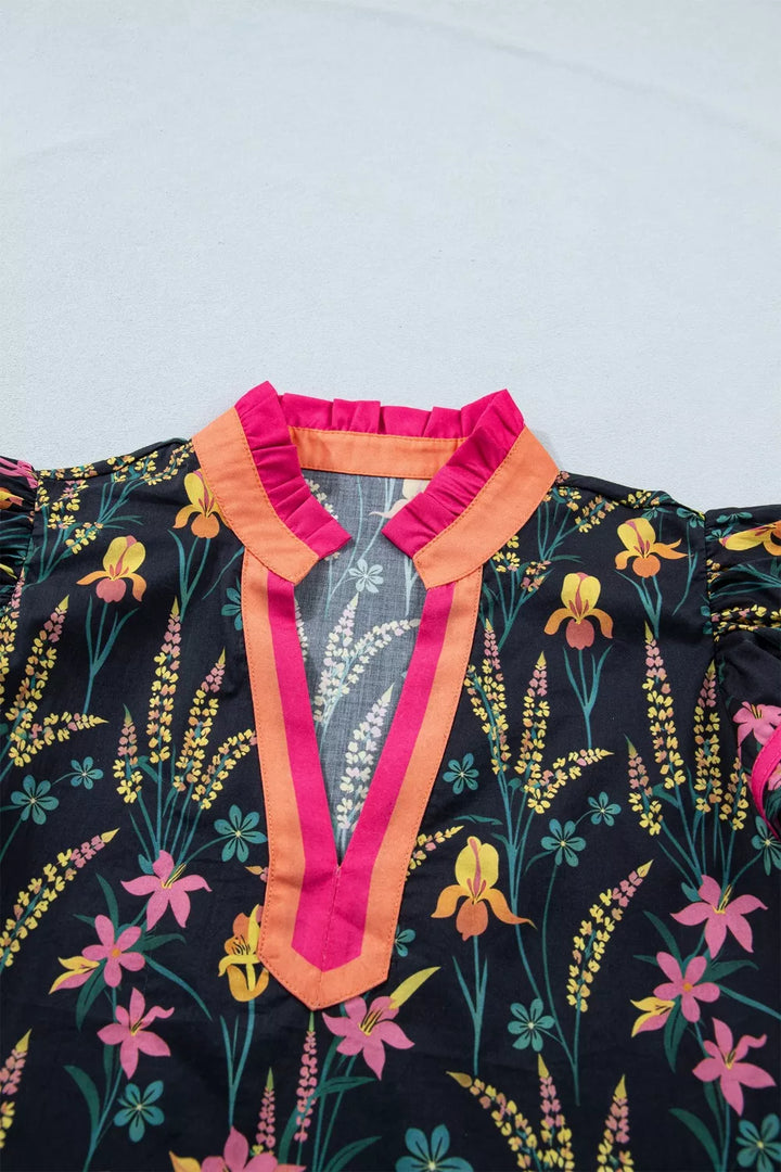 Floral Print Contrast Trim Tiered Ruffled Short Sleeve Blouse