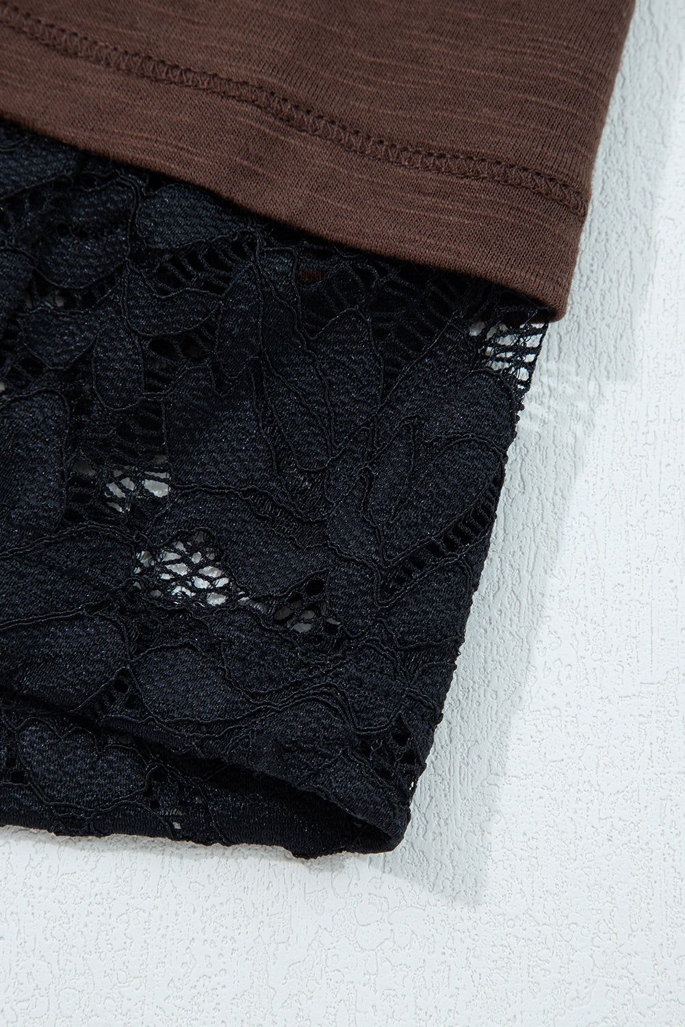 Dark Brown Sheer Lace Patchwork Casual Long Sleeve Tee