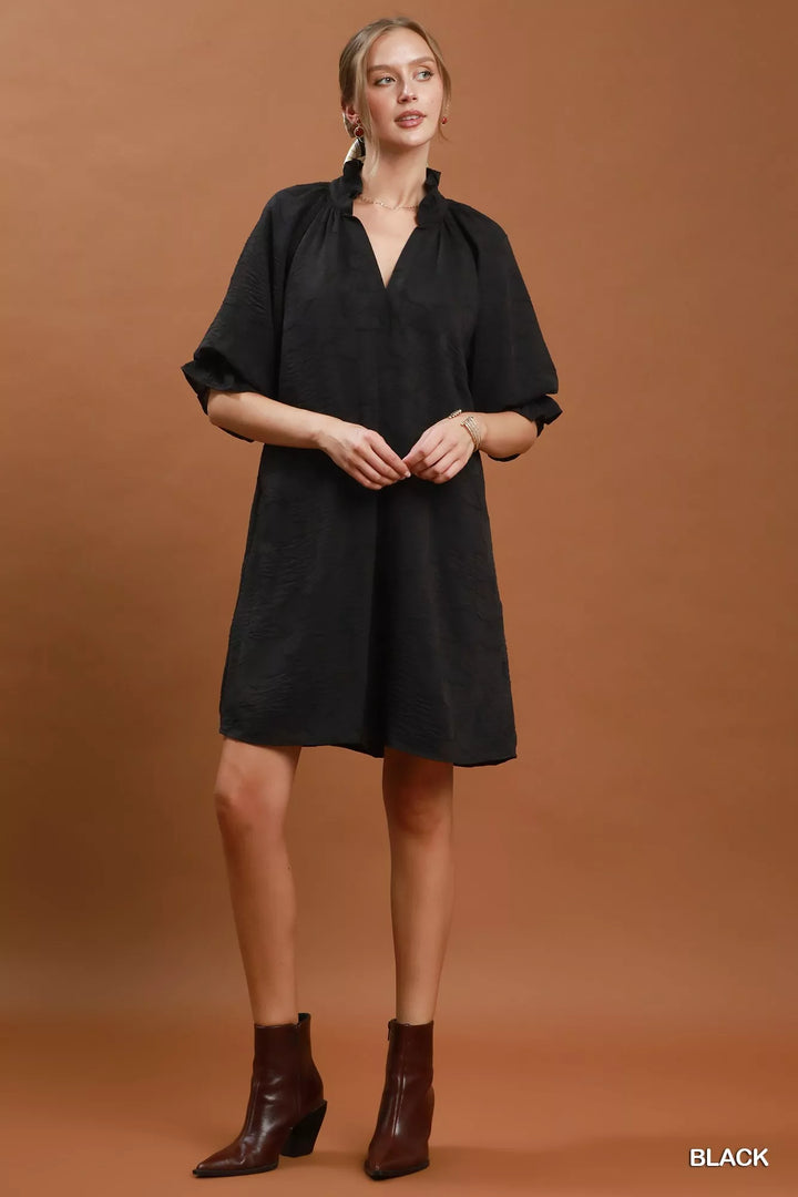 Umgee Floral Textured Jacqaurd V-Neck Dress