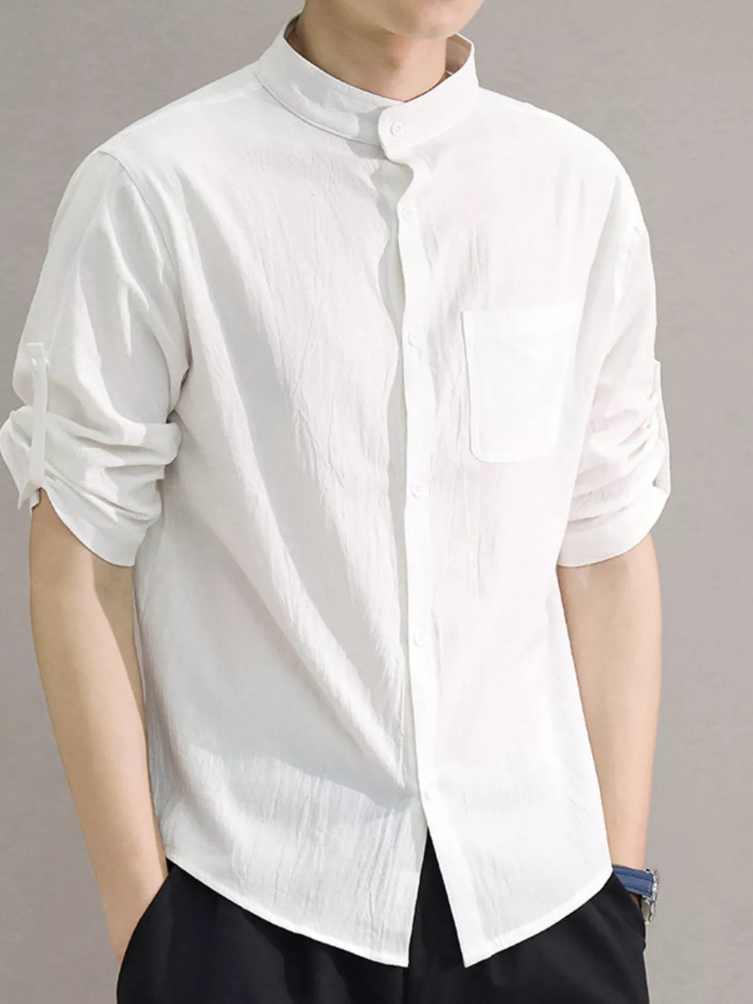 Men's Plus Size Button Up Roll-Up Sleeve Shirt