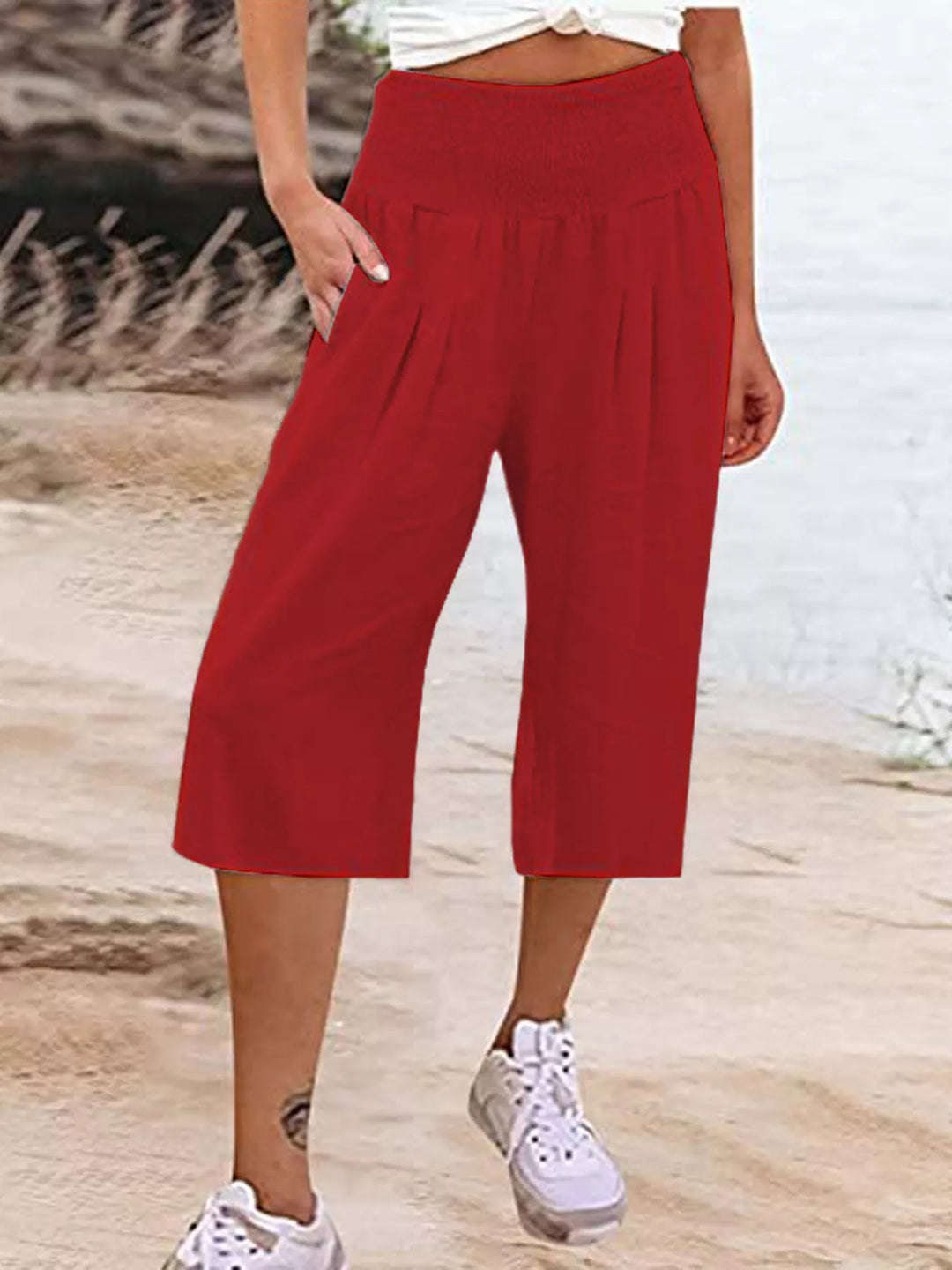 Smocked Wide-Leg Capri Pants