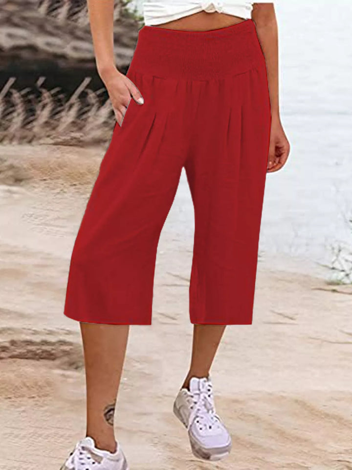 Smocked Wide-Leg Capri Pants