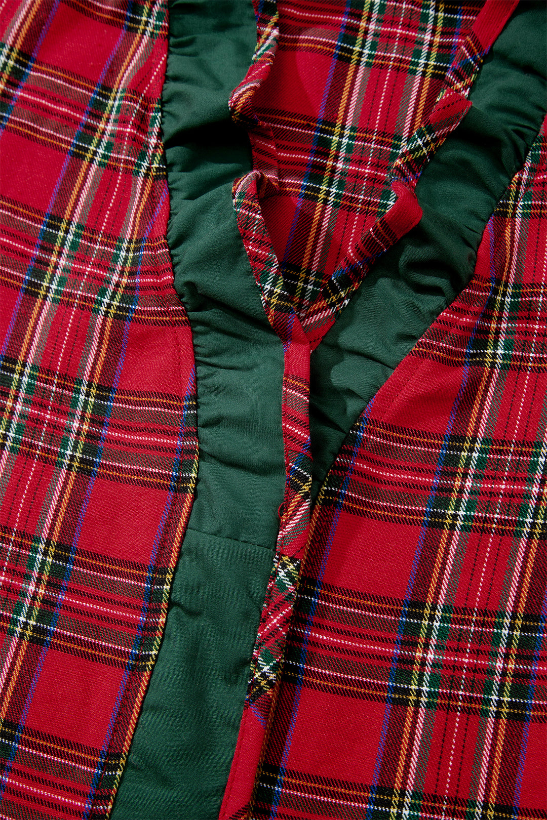 Red Plaid V Neck Ruffle Color Block Trim Short Sleeve Shirt