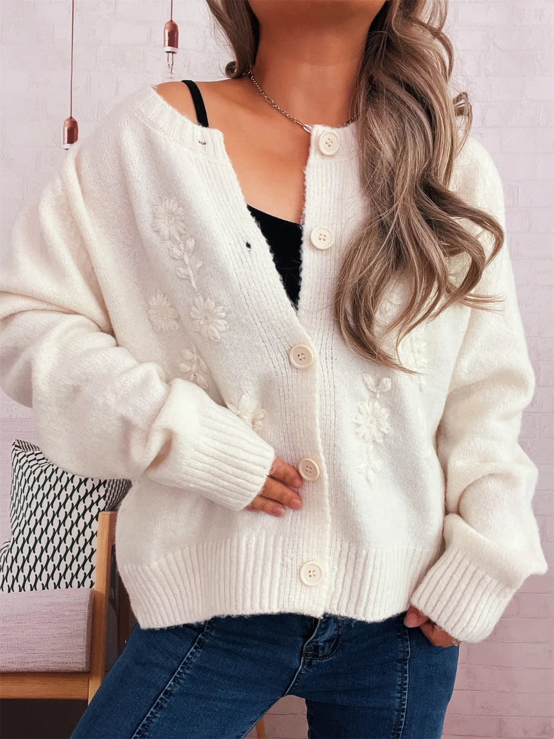 Flower Button Up Ribbed Hem Cardigan