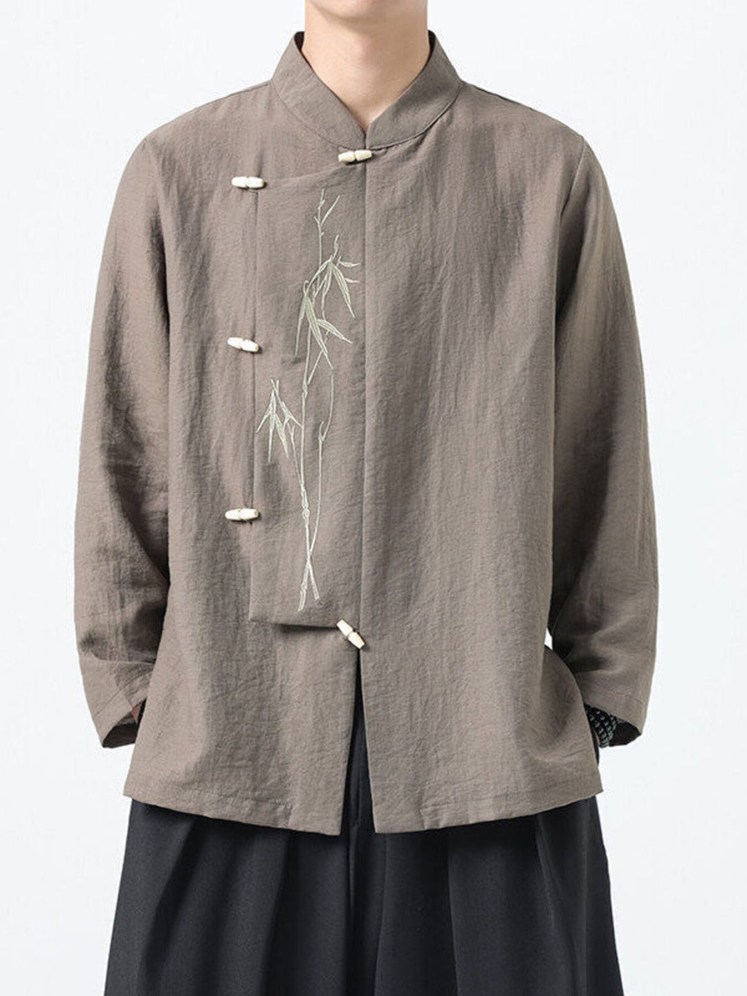 Men's Plus Size Chinese Style Embroidered Bamboo Linen Shirt