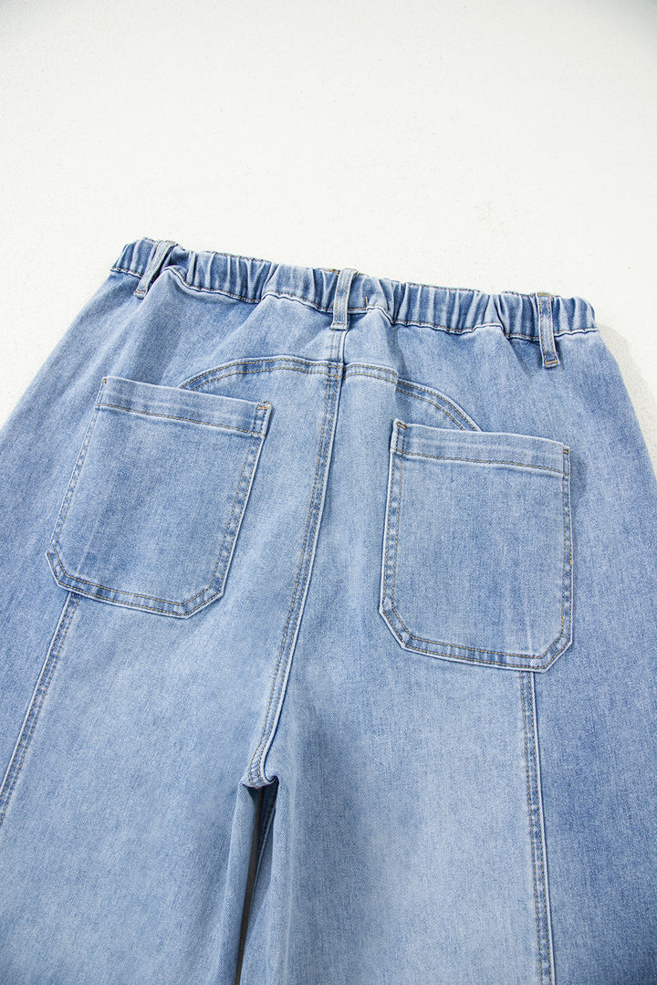 Beau Blue Drawstring Seam Detail Raw Hem Wide Leg Denim Pants