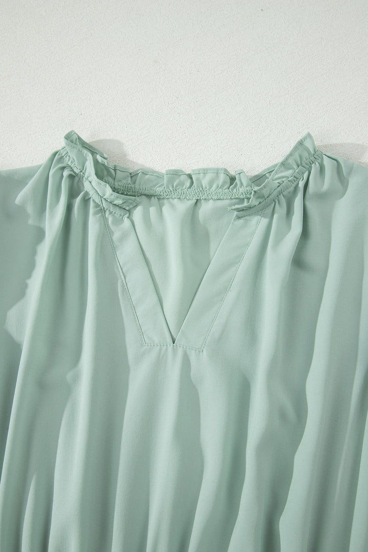 Clearly Aqua Solid Color V Neck Short Puff Sleeve High Waist Tiered Maxi Dress