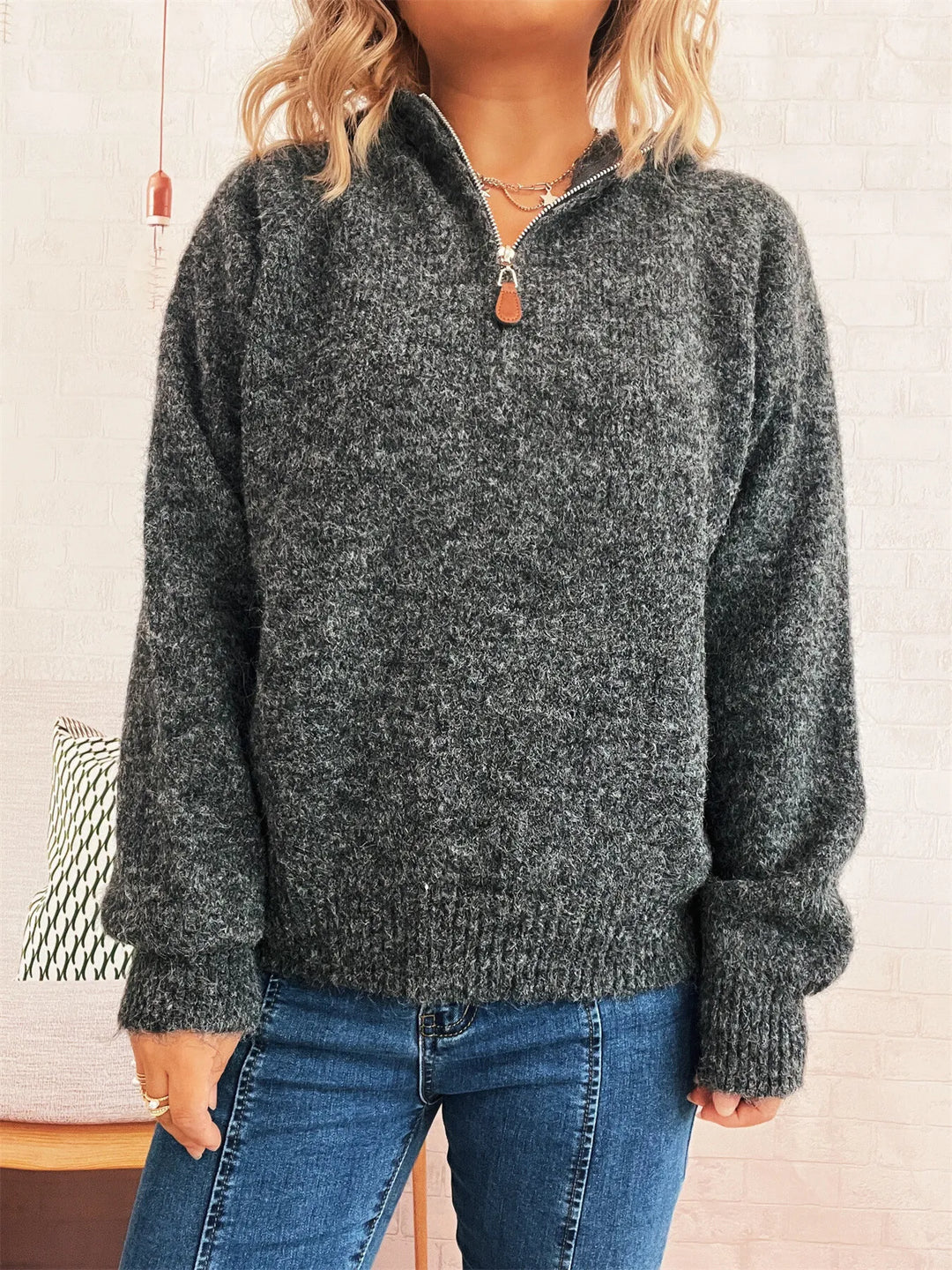 Quarter Zip Ribbed Hem Sweater