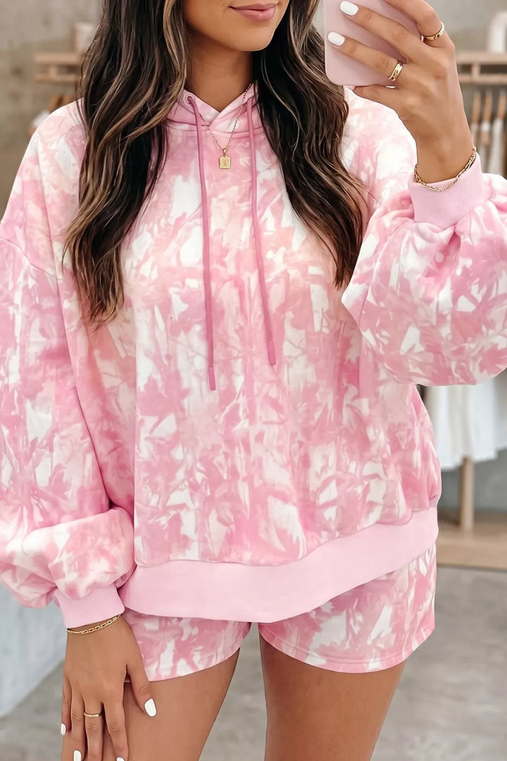 Abstract Print Loose Hoodie Slim Shorts 2pcs Set
